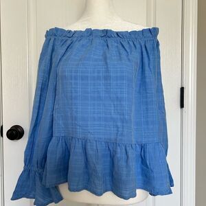 Maven West Women’s Blue Cupro Cotton Blend Off the Shoulder Ruffle Top Size XS